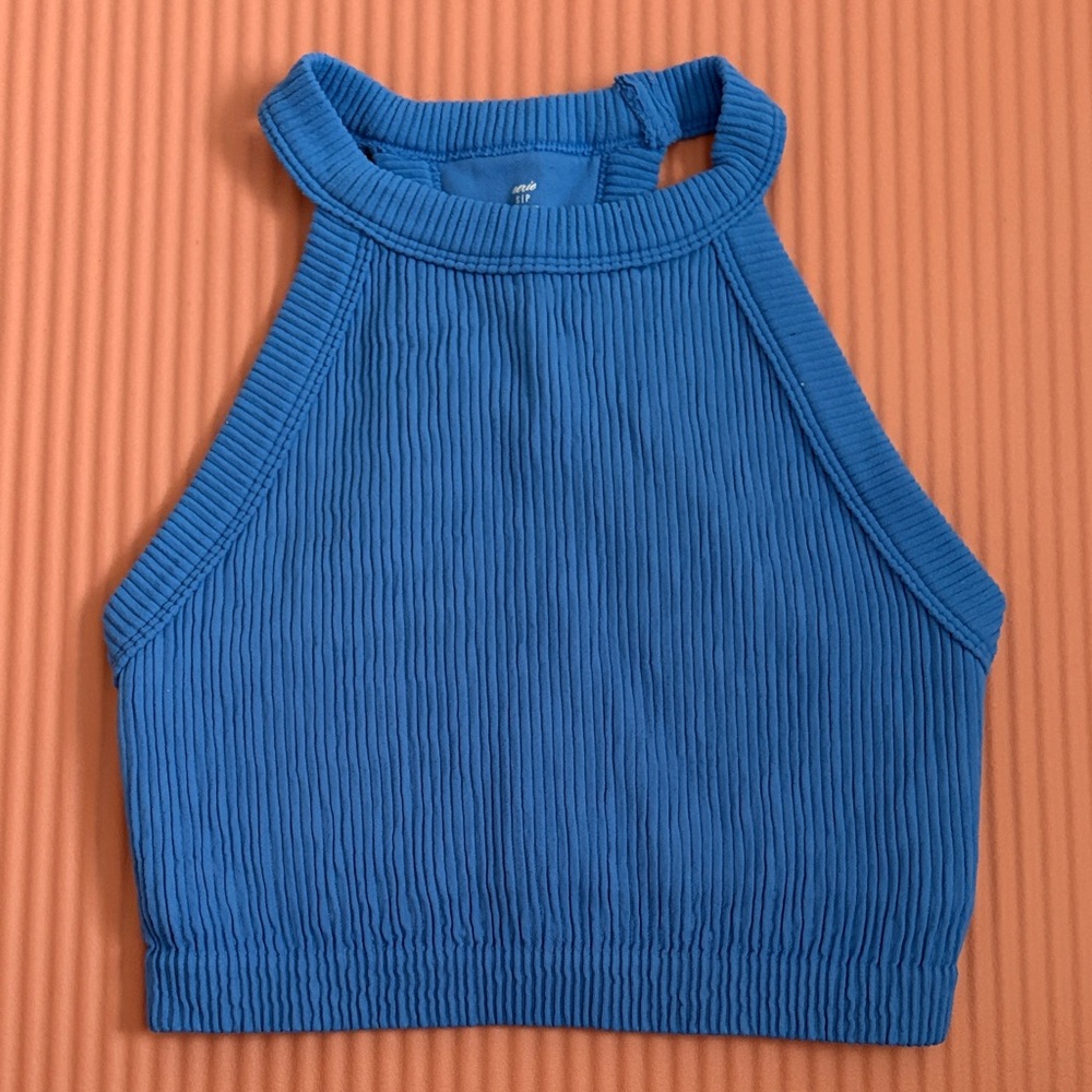 aerie Blue Ribbed Halter Crop Tank
